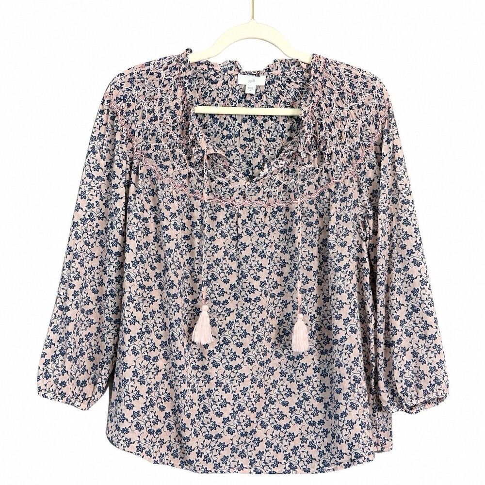 J.Jill Floral Blouse Ruffle Neck Boho Cottagecore Romantic Cotton Pink Navy M - Picture 2 of 10